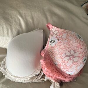 Pink Floral and White Lace Bras